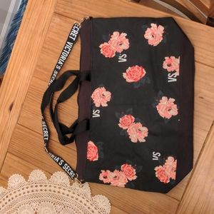 Victoria's Secret Large Black/Brown/Pink Floral Canvas Tote, Approx 15"H x 23"W